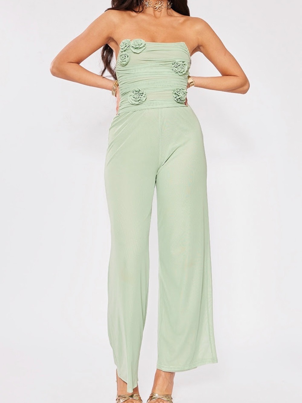 PrettyLittleThing Sage Green Strapless Rosette Wide-Leg Jumpsuit